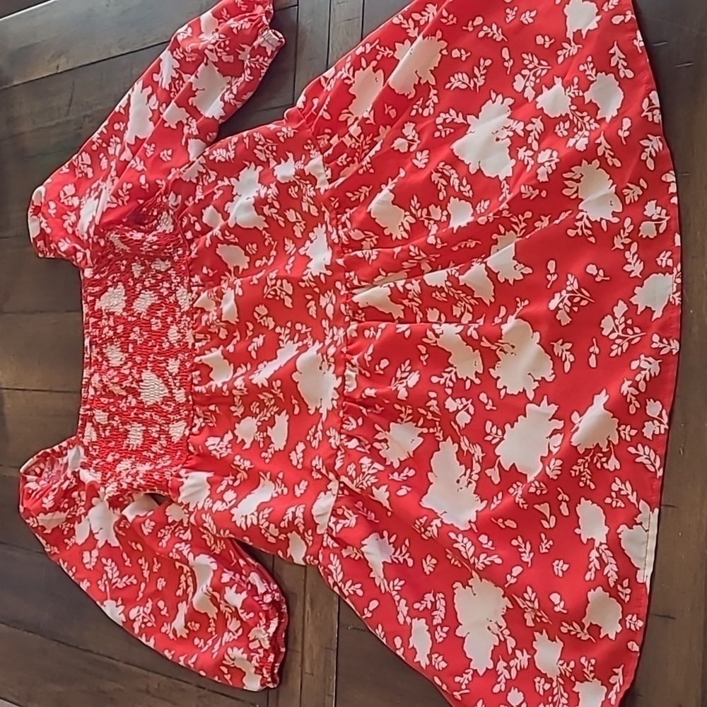 BBX Red Floral Smocked Mini Dress M - Picture 6 of 8
